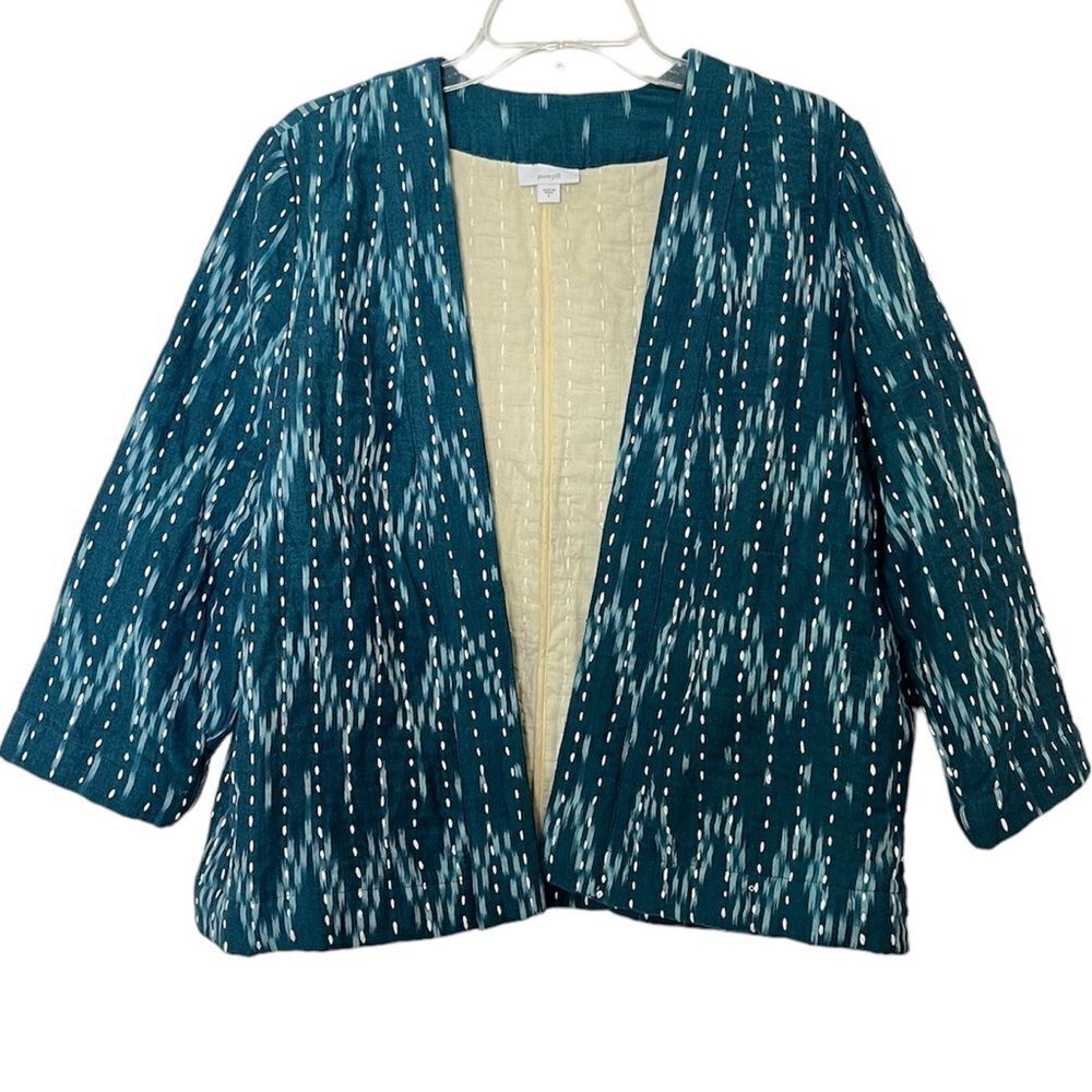Pure J Jill Ikat Jacket Womens S Teal Kantha Stitch Boxy Kimono Boho Lagenlook